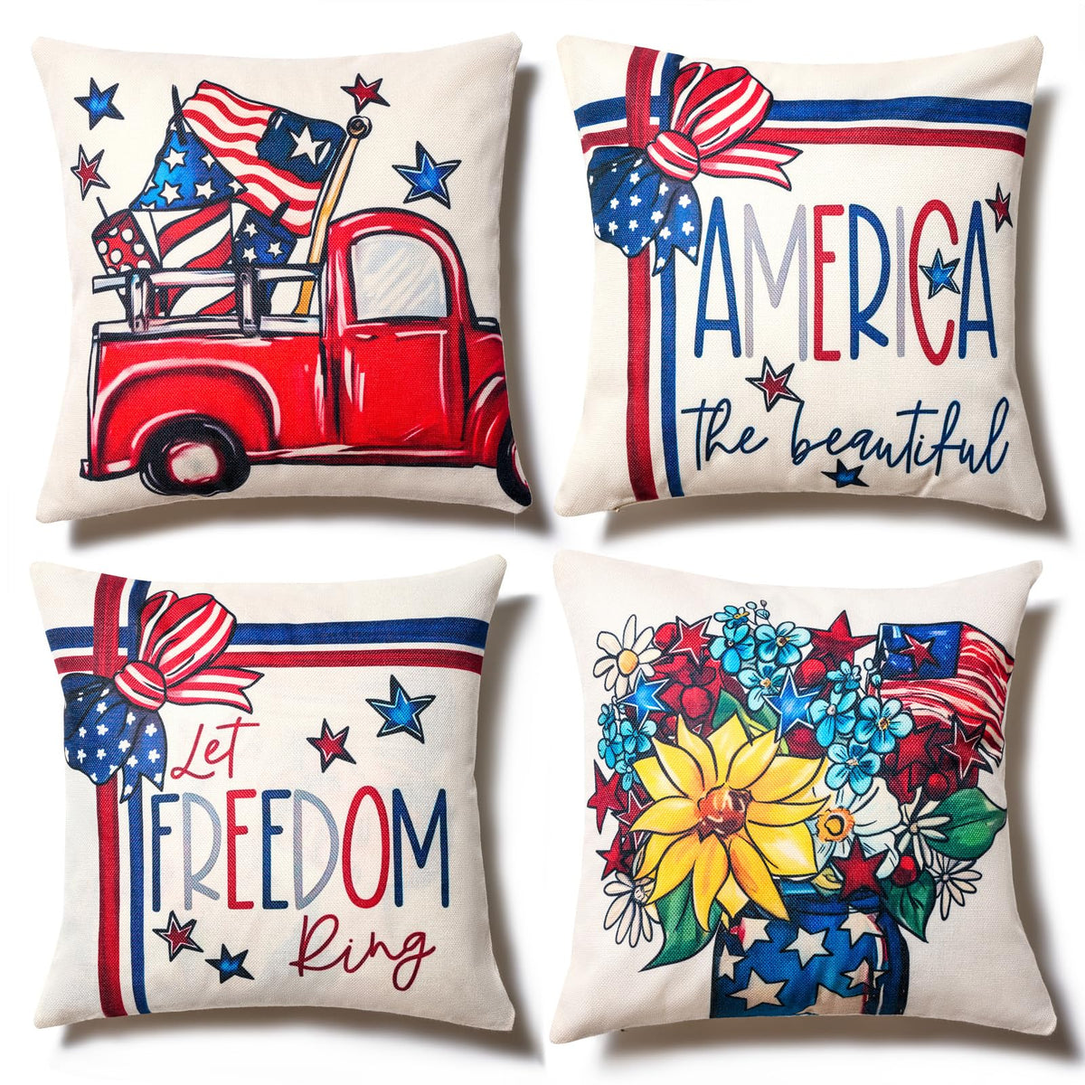 4th of July Decor-Throw Pillow Covers 18x18in Set of 4,Patriotic Linen Pillow Case for Independence Day