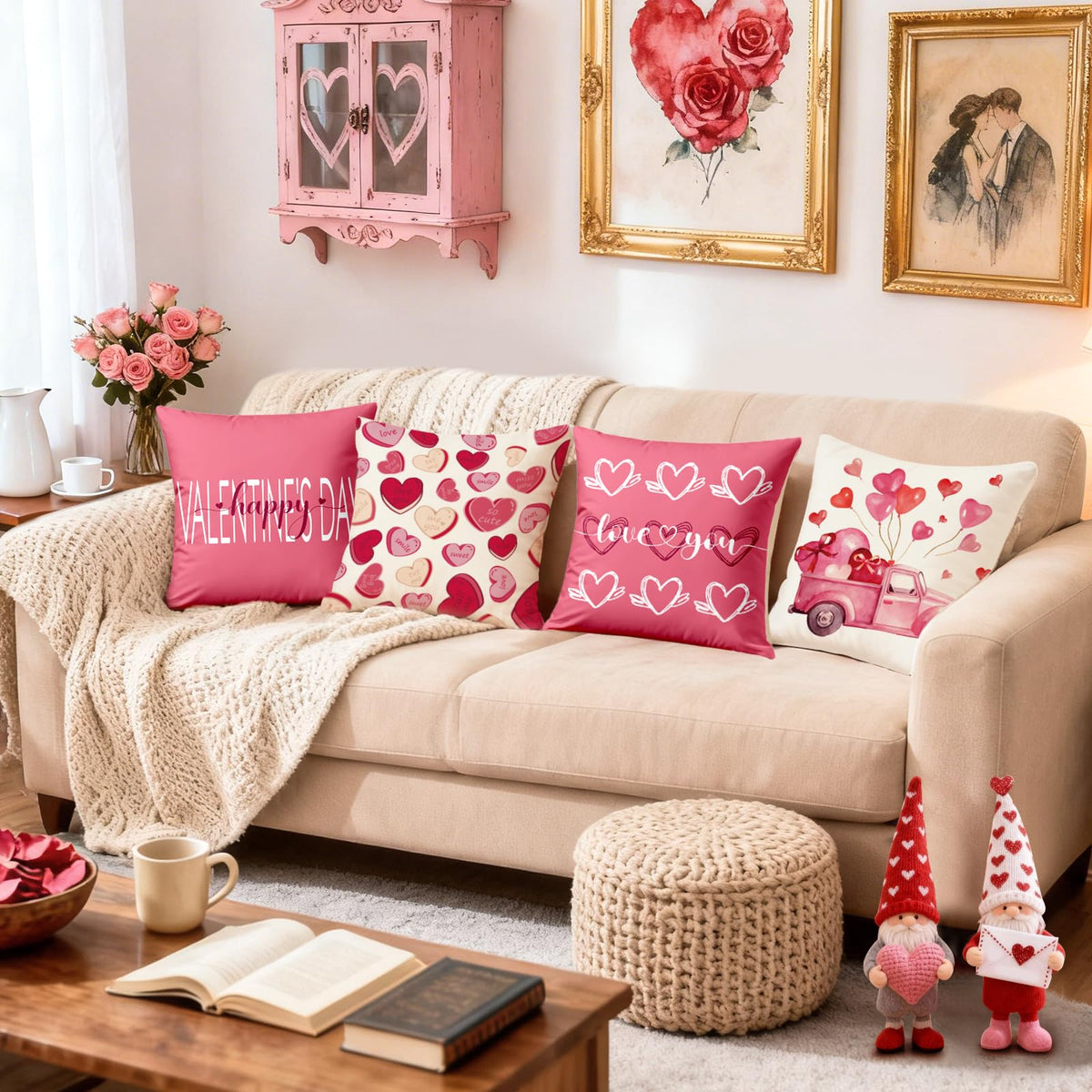 Valentines Day Decorations-Valentine Pillow Covers 18x18 Set of 4, Pink Hearts Love You Happy Valentine's Day