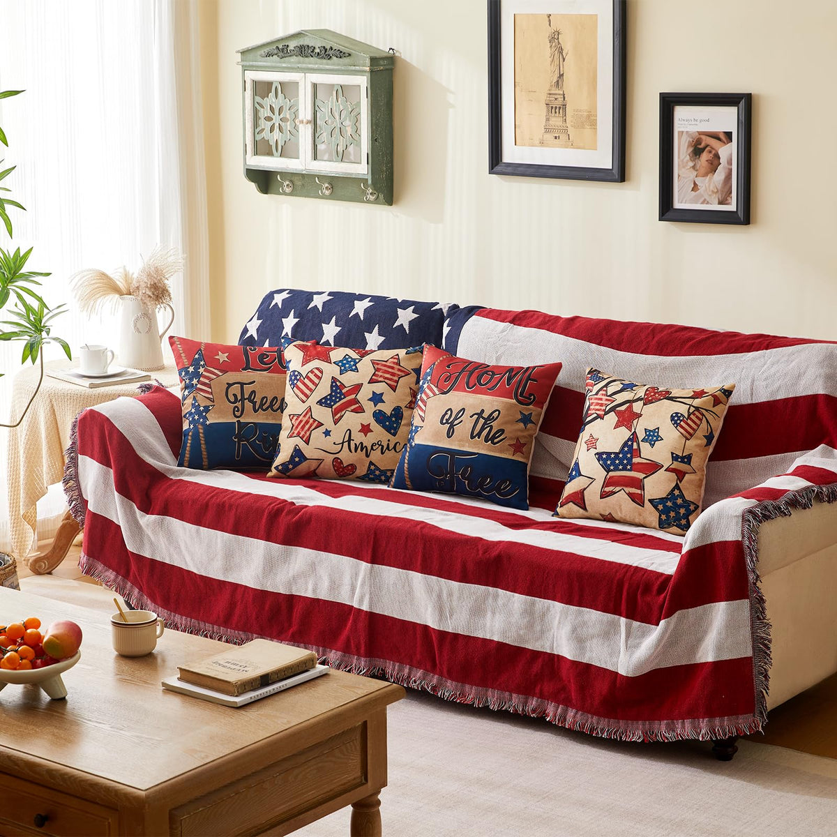Patriotic Pillow Covers 18x18 Inch,4th of July Red White Blue Summer Outdoor Throw Pillow Covers Set of 4