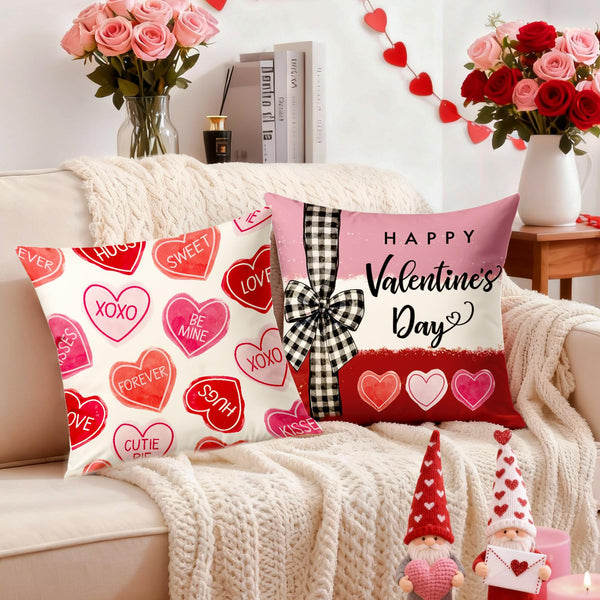 Valentines Day Decorations-Valentine Pillow Covers 18x18 Set of 4, Pink Red Hearts Be Mine Happy Valentine's Day