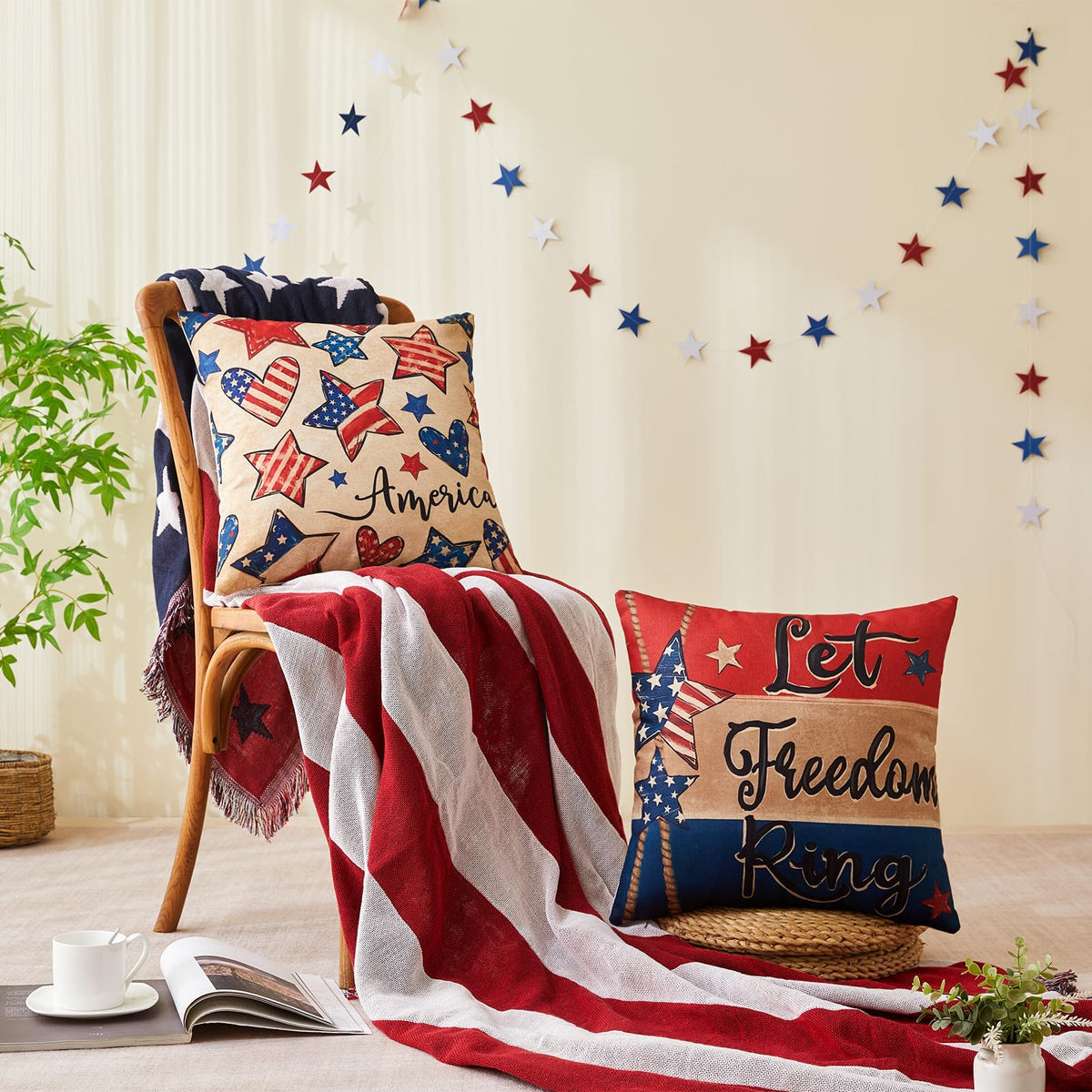 Patriotic Pillow Covers 18x18 Inch,4th of July Red White Blue Summer Outdoor Throw Pillow Covers Set of 4