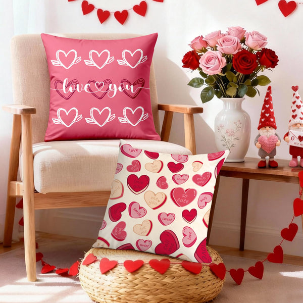 Valentines Day Decorations-Valentine Pillow Covers 18x18 Set of 4, Pink Hearts Love You Happy Valentine's Day