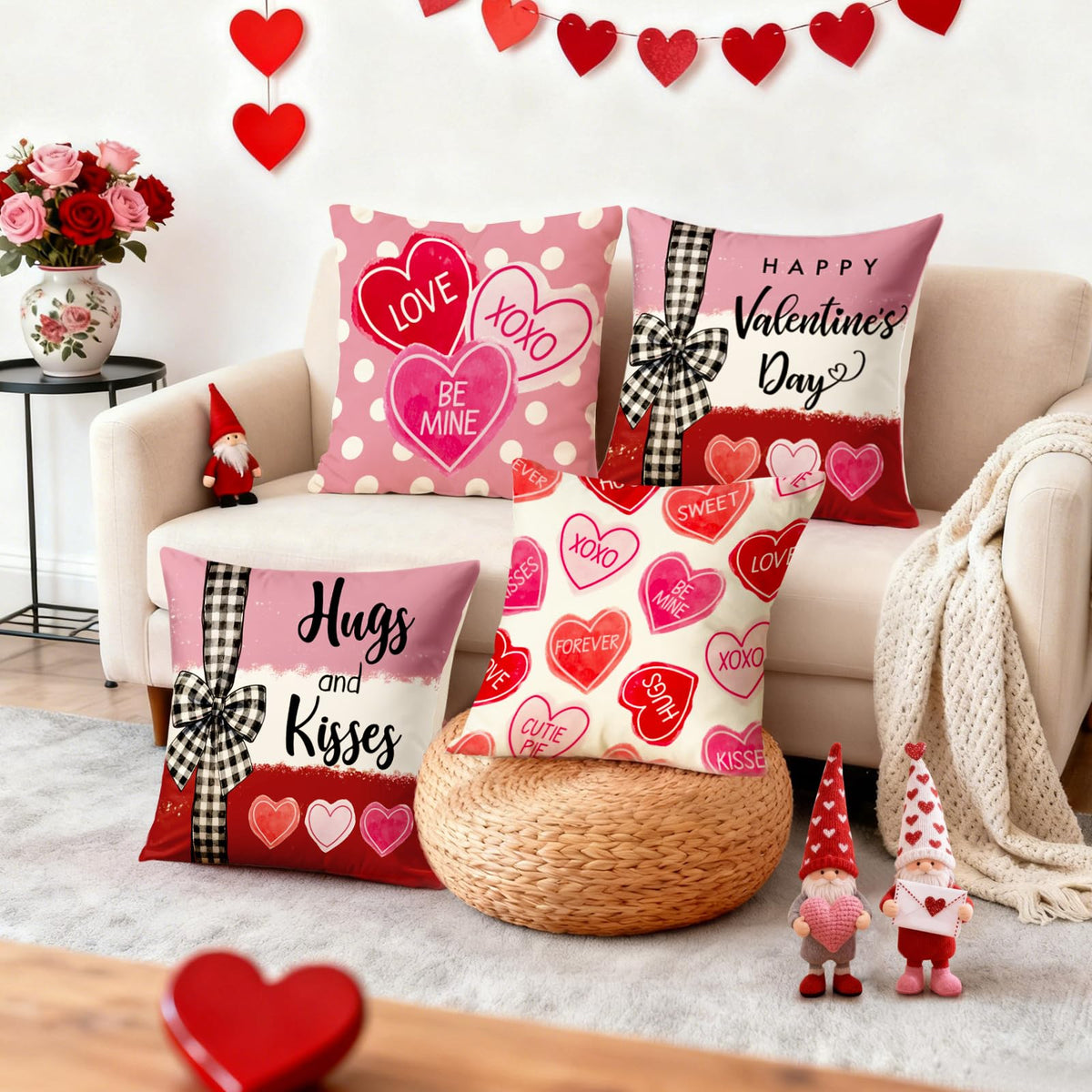 Valentines Day Decorations-Valentine Pillow Covers 18x18 Set of 4, Pink Red Hearts Be Mine Happy Valentine's Day