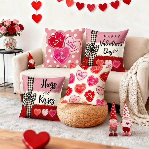 Valentines Day Decorations-Valentine Pillow Covers 18x18 Set of 4, Pink Red Hearts Be Mine Happy Valentine's Day