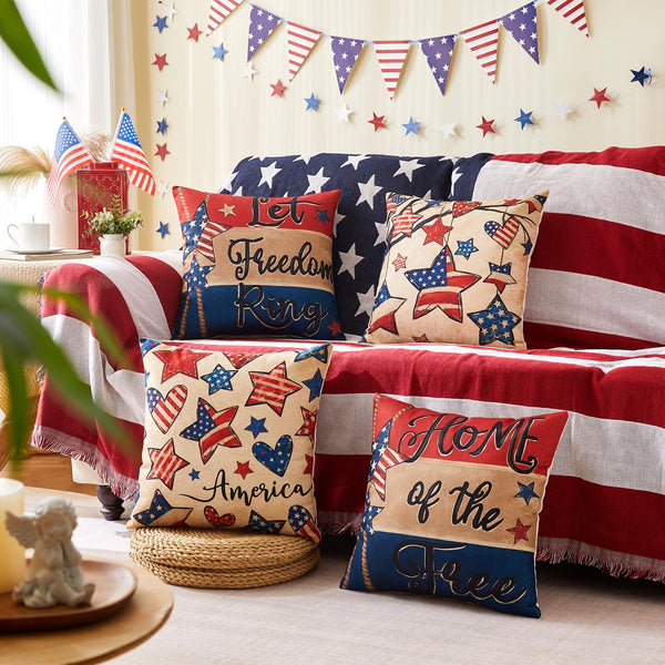 Patriotic Pillow Covers 18x18 Inch,4th of July Red White Blue Summer Outdoor Throw Pillow Covers Set of 4