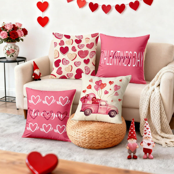 Valentines Day Decorations-Valentine Pillow Covers 18x18 Set of 4, Pink Hearts Love You Happy Valentine's Day