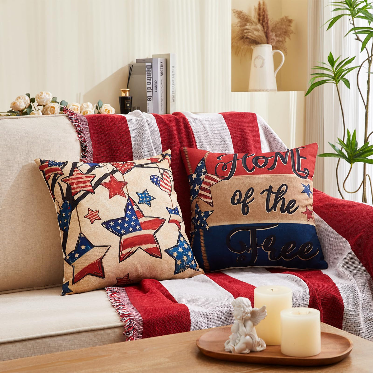 Patriotic Pillow Covers 18x18 Inch,4th of July Red White Blue Summer Outdoor Throw Pillow Covers Set of 4