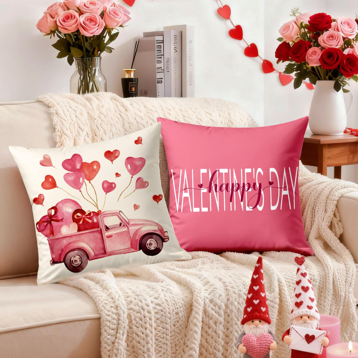 Valentines Day Decorations-Valentine Pillow Covers 18x18 Set of 4, Pink Hearts Love You Happy Valentine's Day