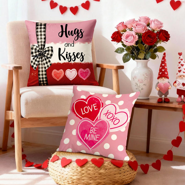 Valentines Day Decorations-Valentine Pillow Covers 18x18 Set of 4, Pink Red Hearts Be Mine Happy Valentine's Day