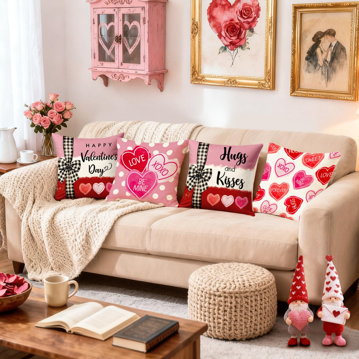 Valentines Day Decorations-Valentine Pillow Covers 18x18 Set of 4, Pink Red Hearts Be Mine Happy Valentine's Day