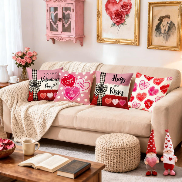 Valentines Day Decorations-Valentine Pillow Covers 18x18 Set of 4, Pink Red Hearts Be Mine Happy Valentine's Day