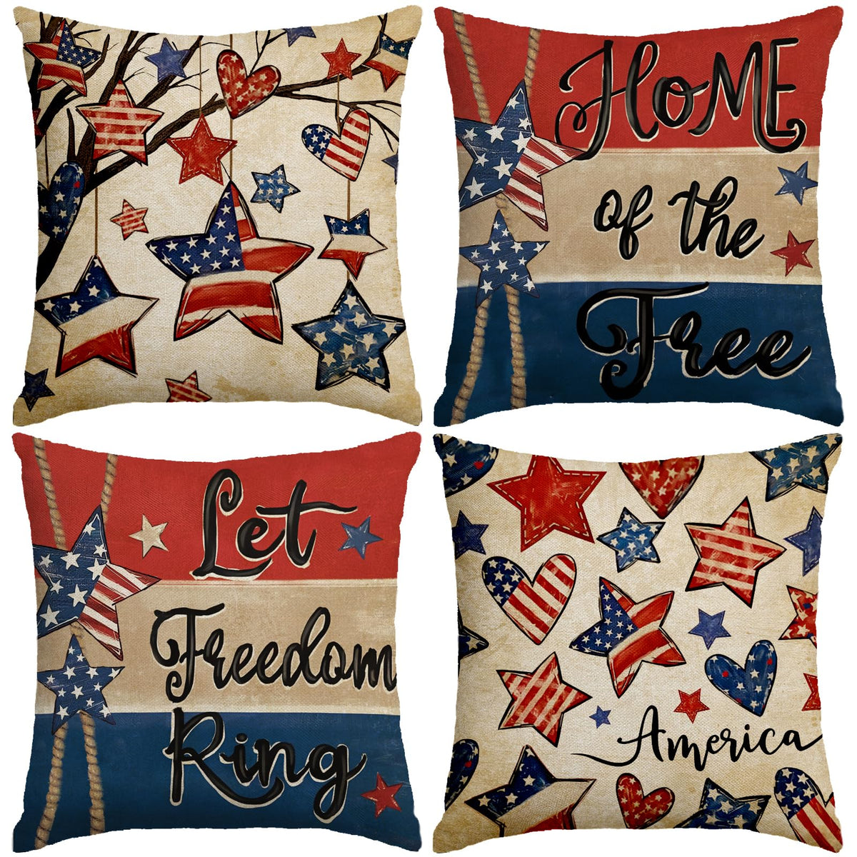 Patriotic Pillow Covers 18x18 Inch,4th of July Red White Blue Summer Outdoor Throw Pillow Covers Set of 4