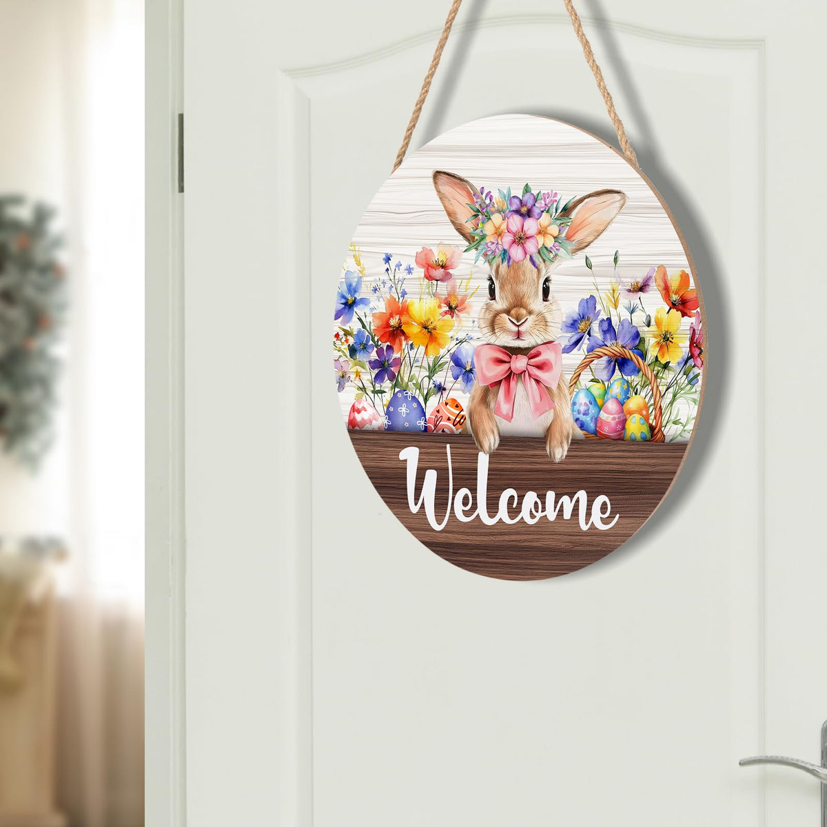 Hello Spring Easter Bunny Rabbit Sign for Front Door 8”x8” Summer Welcome Easter Wood Door Hanger for Outdoor