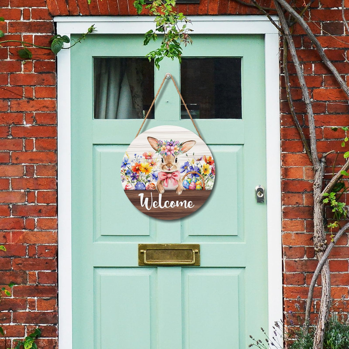 Hello Spring Easter Bunny Rabbit Sign for Front Door 8”x8” Summer Welcome Easter Wood Door Hanger for Outdoor