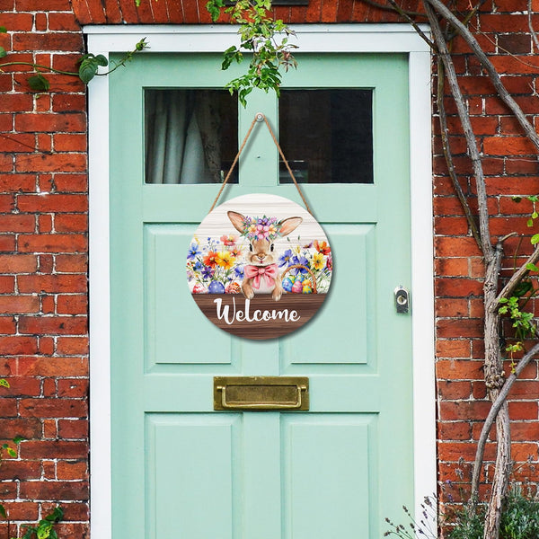 Hello Spring Easter Bunny Rabbit Sign for Front Door 8”x8” Summer Welcome Easter Wood Door Hanger for Outdoor