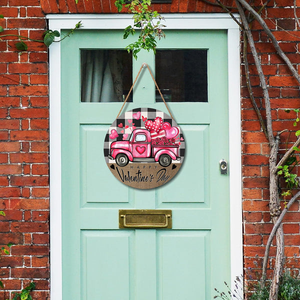 Valentines Day Door Sign for Front Door Farmhouse Pink Truck Hearts Wood Hanger 8"x8" Buffalo Plaid Check Heart Outdoor Outside Porch Decor