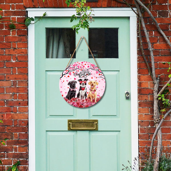 Hello Valentine's Day Dogs Welcome Wreath - Wooden Hanging Sign, 8x8 Inch Valentine Door Decoration for Anniversary