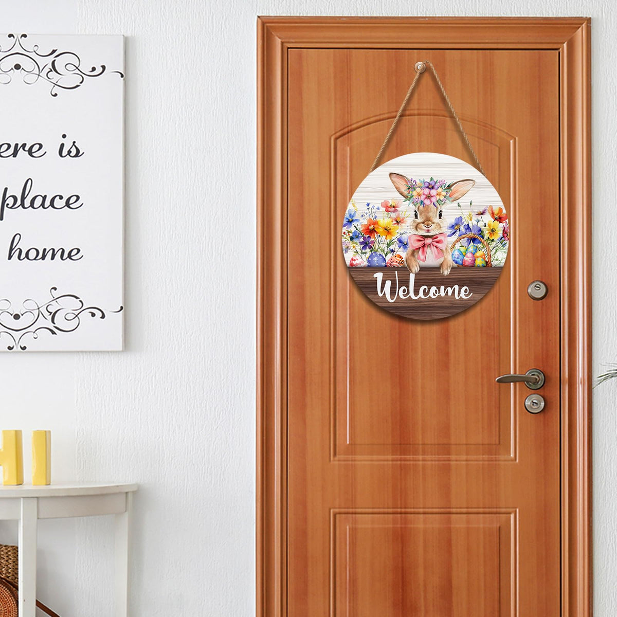 Hello Spring Easter Bunny Rabbit Sign for Front Door 8”x8” Summer Welcome Easter Wood Door Hanger for Outdoor