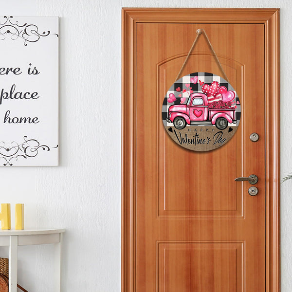 Valentines Day Door Sign for Front Door Farmhouse Pink Truck Hearts Wood Hanger 8"x8" Buffalo Plaid Check Heart Outdoor Outside Porch Decor