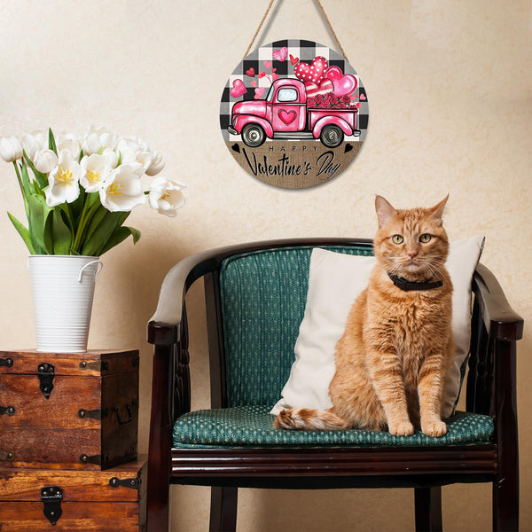 Valentines Day Door Sign for Front Door Farmhouse Pink Truck Hearts Wood Hanger 8"x8" Buffalo Plaid Check Heart Outdoor Outside Porch Decor