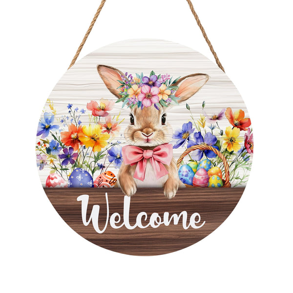 Hello Spring Easter Bunny Rabbit Sign for Front Door 8”x8” Summer Welcome Easter Wood Door Hanger for Outdoor