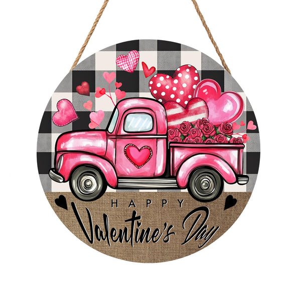 Valentines Day Door Sign for Front Door Farmhouse Pink Truck Hearts Wood Hanger 8"x8" Buffalo Plaid Check Heart Outdoor Outside Porch Decor
