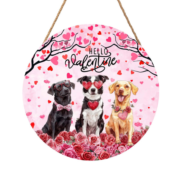 Hello Valentine's Day Dogs Welcome Wreath - Wooden Hanging Sign, 8x8 Inch Valentine Door Decoration for Anniversary