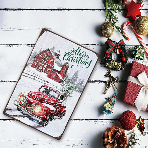 Vintage Christmas Red Truck Wall Sign - Metal Plaque Sign Decorations - 8x12 Inch