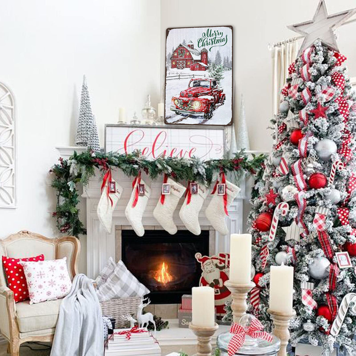 Vintage Christmas Red Truck Wall Sign - Metal Plaque Sign Decorations - 8x12 Inch