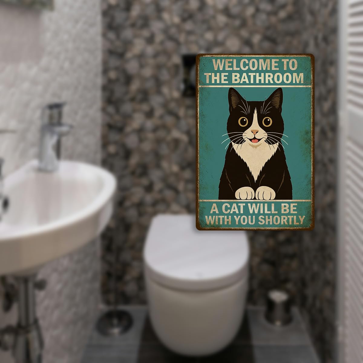 Vintage Funny Bathroom Wall Sign – Welcome to the Bathroom A Cat Will Be With You Shortly