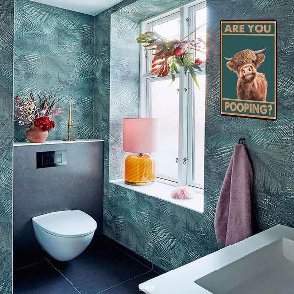 Vintage Highland Cow Tin Sign: Funny "Are You Pooping?" Bathroom Wall Decor