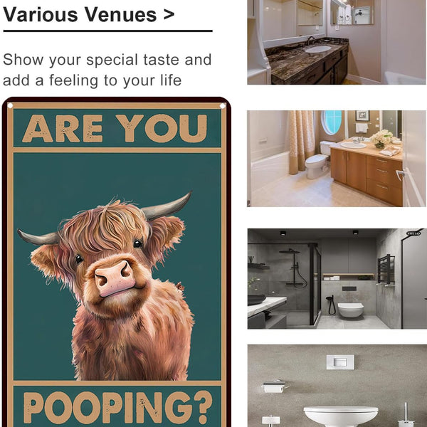 Vintage Highland Cow Tin Sign: Funny "Are You Pooping?" Bathroom Wall Decor
