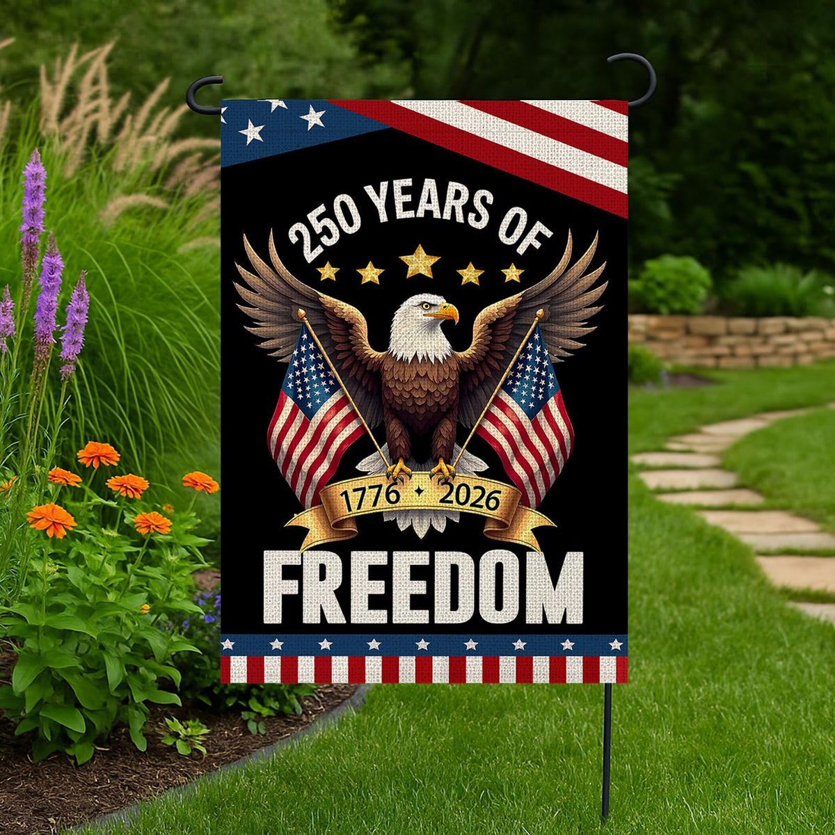 250 Years America Garden Flag,250th Anniversary USA Patriotic Banner 1-Sided with Eagle