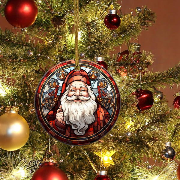 Christmas Ceramic Ornament in Stained Glass Patterns, Santa Claus Christmas Ornaments, Vintage Santa Claus Ornament for Christmas Tree