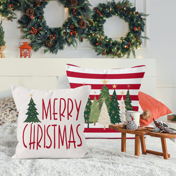 Red Merry Christmas Tree Pillow Covers 18x18, Christmas Home Decor, Vintage Glitter Xmas Tree Holiday Decorative