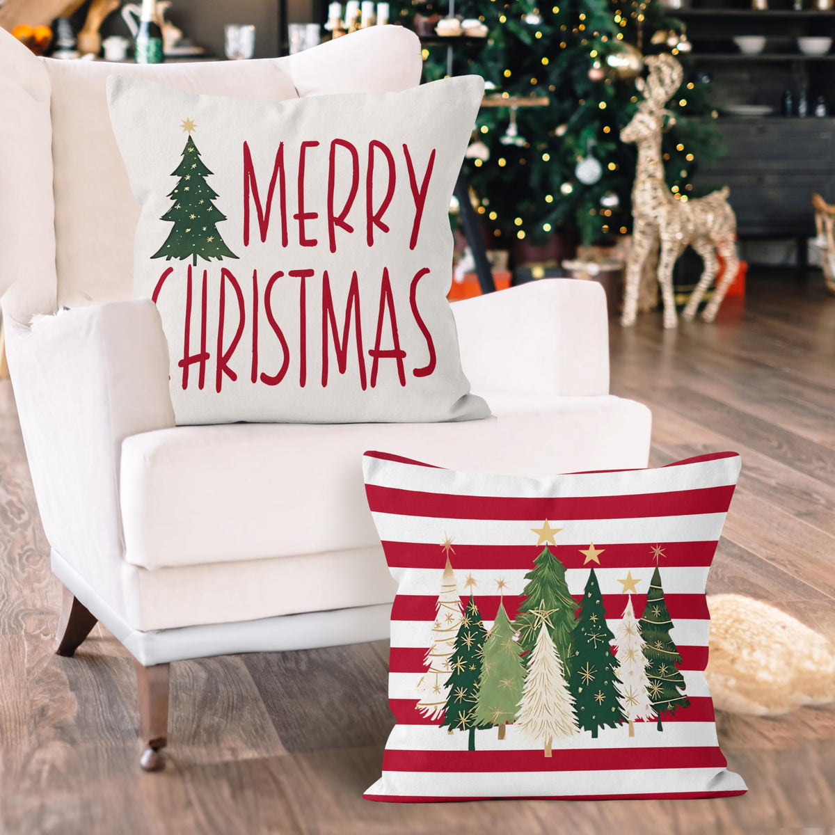 Red Merry Christmas Tree Pillow Covers 18x18, Christmas Home Decor, Vintage Glitter Xmas Tree Holiday Decorative