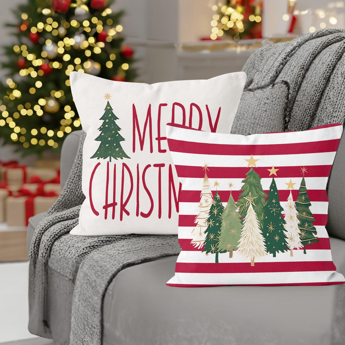 Red Merry Christmas Tree Pillow Covers 18x18, Christmas Home Decor, Vintage Glitter Xmas Tree Holiday Decorative
