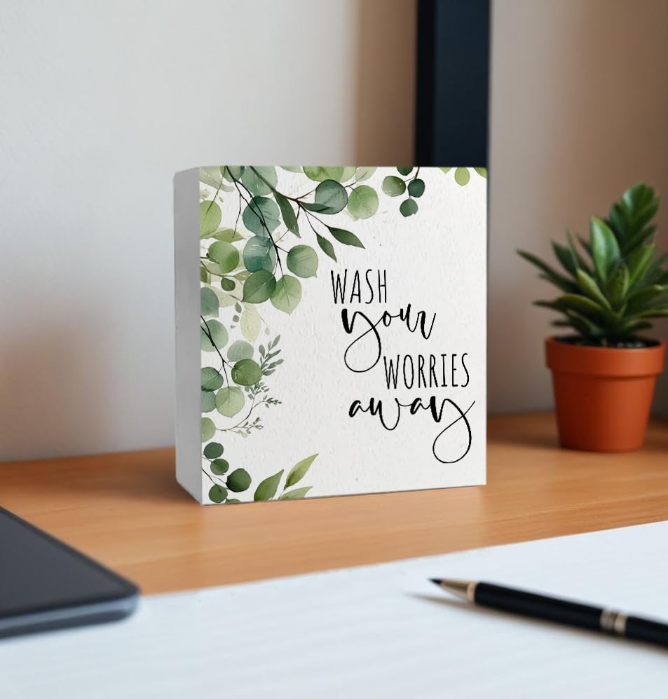 Wash Your Worries Away Funny Bathroom Wooden Box Sign, Eucalyptus Botanical Wood Signs