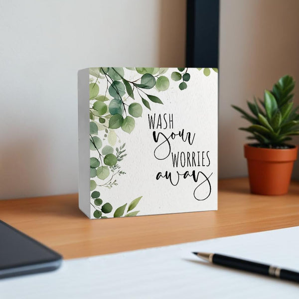 Wash Your Worries Away Funny Bathroom Wooden Box Sign, Eucalyptus Botanical Wood Signs