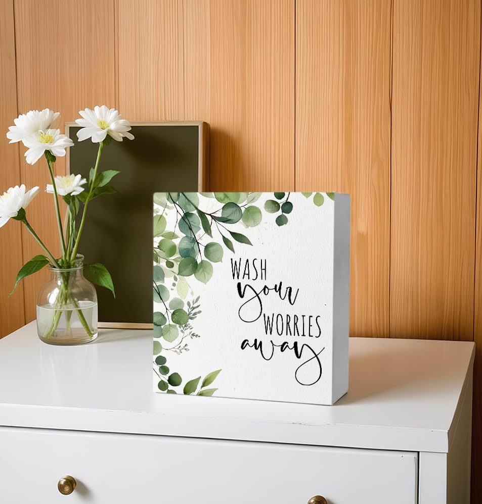 Wash Your Worries Away Funny Bathroom Wooden Box Sign, Eucalyptus Botanical Wood Signs