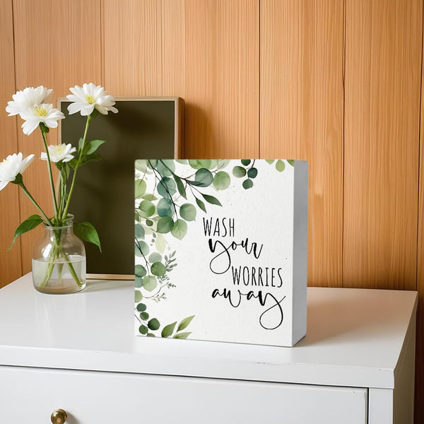 Wash Your Worries Away Funny Bathroom Wooden Box Sign, Eucalyptus Botanical Wood Signs