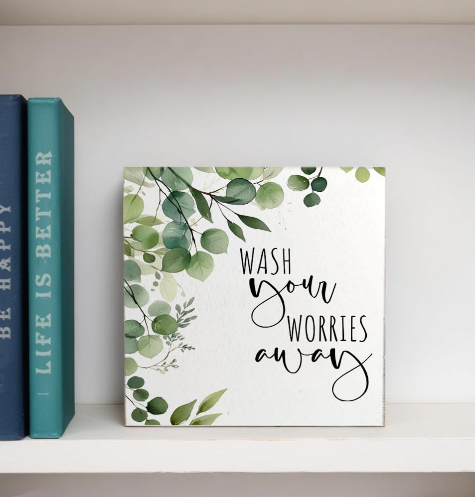 Wash Your Worries Away Funny Bathroom Wooden Box Sign, Eucalyptus Botanical Wood Signs