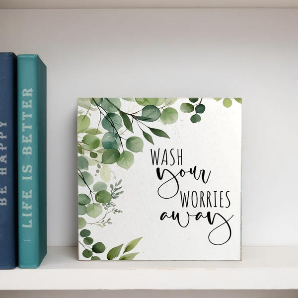 Wash Your Worries Away Funny Bathroom Wooden Box Sign, Eucalyptus Botanical Wood Signs