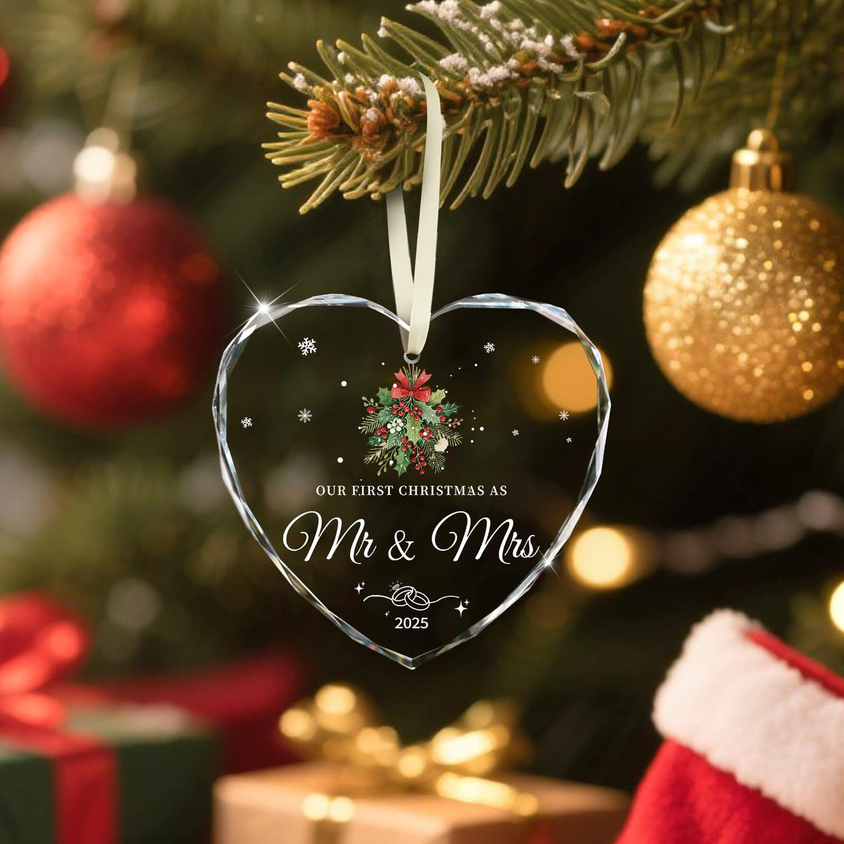 Wedding Gifts for Couples 2025, Our First Christmas as Mr and Mrs Ornament 2025 Engagement Gift Crystal Glass Ornament