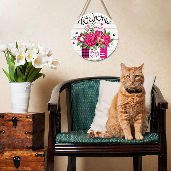 Welcome Valentine's Day Rose Flower Door Sign For Front Door Decor,Mason Jar Pink Love Heart Wooden Sign 8"x 8" Round Wood Hanging Door Sign