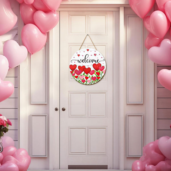 Valentine's Day Welcome Wood Sign Heart Flower Wooden Hanging Sign Red Pink Floral Heart Door Decor Sign For Indoor Outdoor Porch Wall