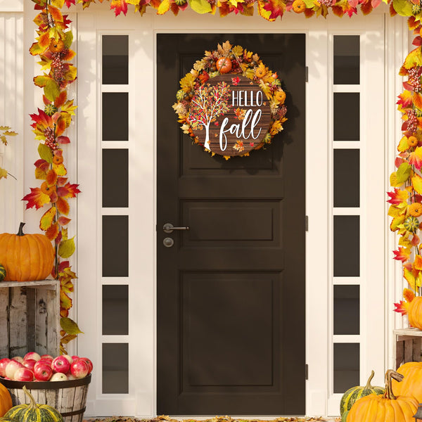 Hello Fall Wooden Hanging Sign Maple Tree Front Door Sign Autumn Thanksgiving Welcome Sign