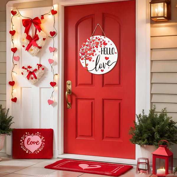 Valentine's Day Wooden Hanging Sign Hello Love Welcome Wood Sign Watercolor Red Heart Tree Door Decor Signs