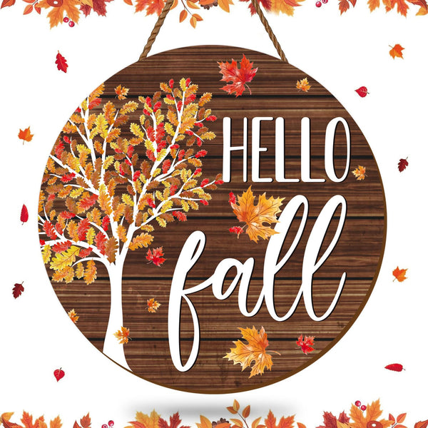 Hello Fall Wooden Hanging Sign Maple Tree Front Door Sign Autumn Thanksgiving Welcome Sign