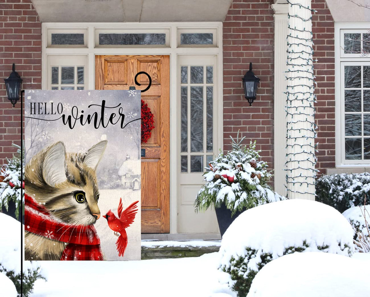 Winter Cat Garden Flag 12x18 Vertical 1 Sided Cardinal Bird Snow Christmas Holiday